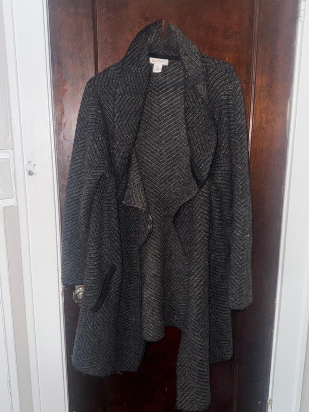 Eileen Fisher Charcoal Herringbone Open Front Drape Cardigan
